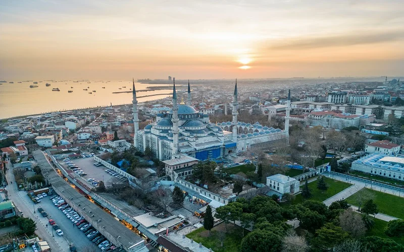 aerial drone view blue mosque istanbul sunset turkey