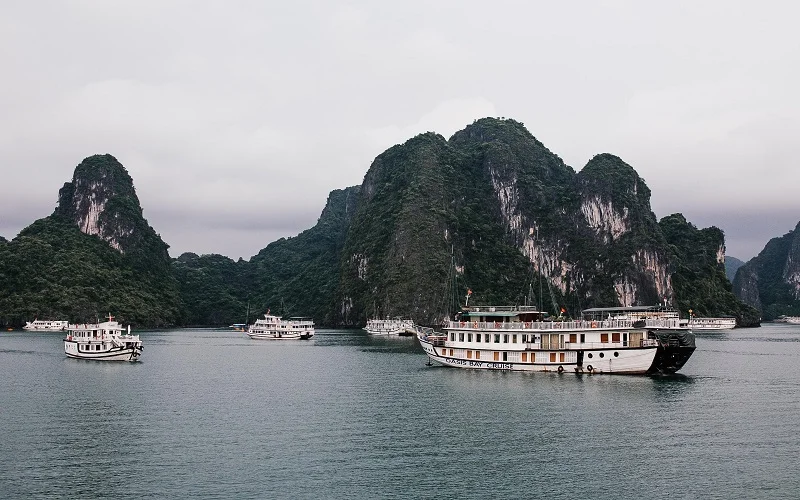 drone shot of boats in ha long bay
